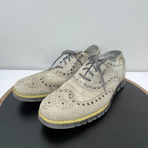 Cole Haan Suede Leather Wingtip Oxford Dress Shoes Men 9M Perforated Tan Casual - Picture 4 of 12